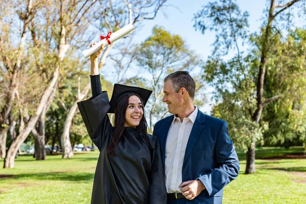 Happy Caucasian Graduated Girl Her Father Her Graduation Day — ストック写真