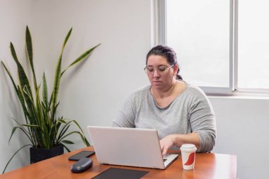 Portrait of a middle age woman working on her laptop in the office.