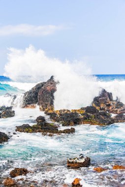 Deniz dalgaları Hookipa Sahili yakınlarındaki kayalara çarpıyor, Maui
