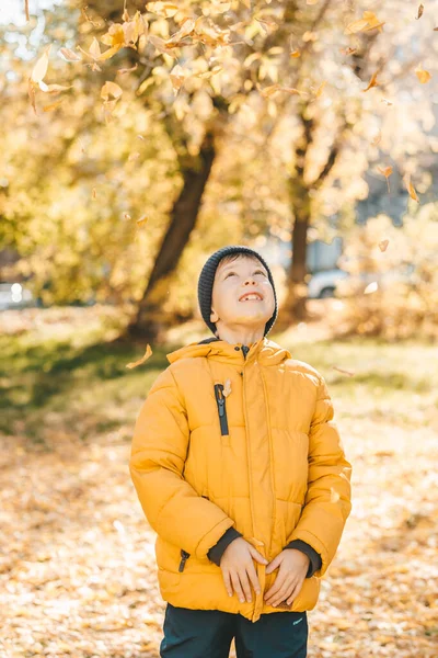 Хлопчик Жовтій Куртці Розкладає Листя Осінньому Парку Дитина Радіє Осіннім — стокове фото