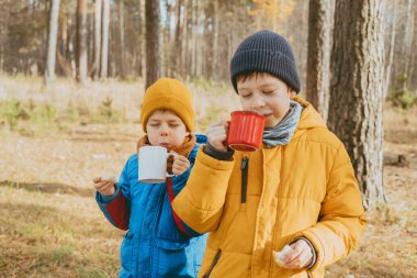 Çocuklar ormandaki bardaklardan sıcak çikolata içerler. Ceketli çocuklar sıcak kakao tutuyor. Elinde bir kupayla, sokakta çekilmiş samimi bir fotoğraf. Noel havası.