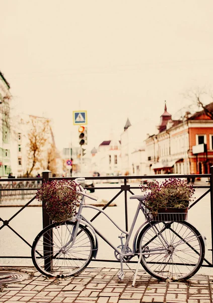 Ein altes Fahrrad mit Blumen im Einkaufskorb, an den Zaun gelehnt. Retro-Stil — Stockfoto