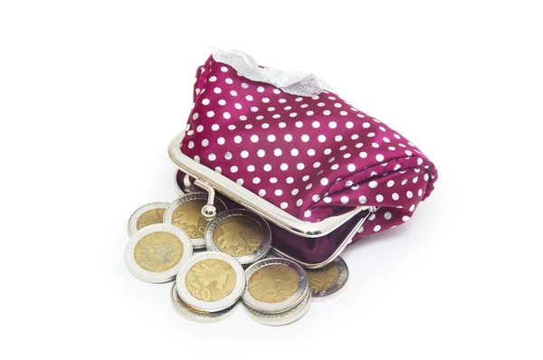 Hermoso bolso con monedas aisladas sobre fondo blanco —  Fotos de Stock
