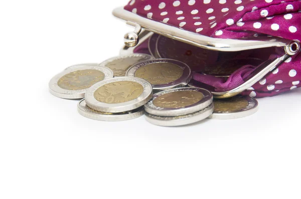 Beautiful purse with coins isolated on white background — Stock Photo, Image