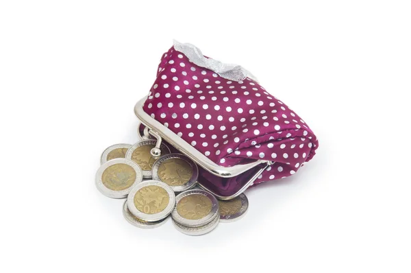 Beautiful purse with coins isolated on white background — Stock Photo, Image