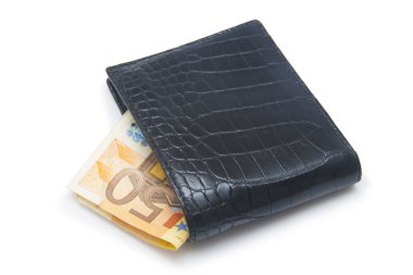 beyaz arka planda izole edilmiş paralı deri cüzdan