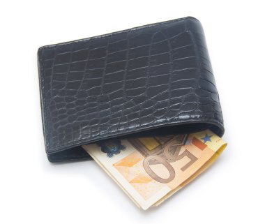 beyaz arka planda izole edilmiş paralı deri cüzdan 