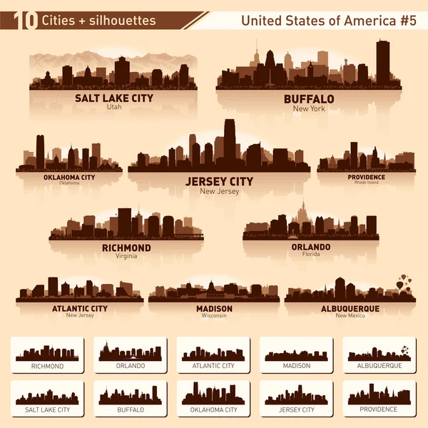 都市スカイラインのセット。米国 #5 の 10 の都市のシルエット — ストックベクタ