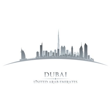 Dubai Birleşik Arap Emirlikleri şehir manzarası siluet beyaz arka plan