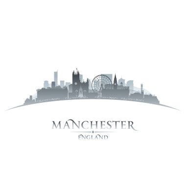 Manchester İngiltere'de şehir manzarası siluet beyaz arka plan