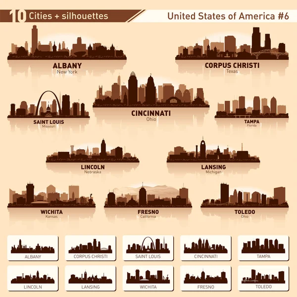 都市スカイラインのセット。米国 n6 の 10 の都市のシルエット — Stockový vektor