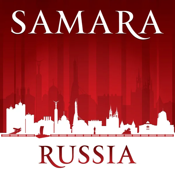 Latar belakang merah siluet langit kota Samara Rusia - Stok Vektor