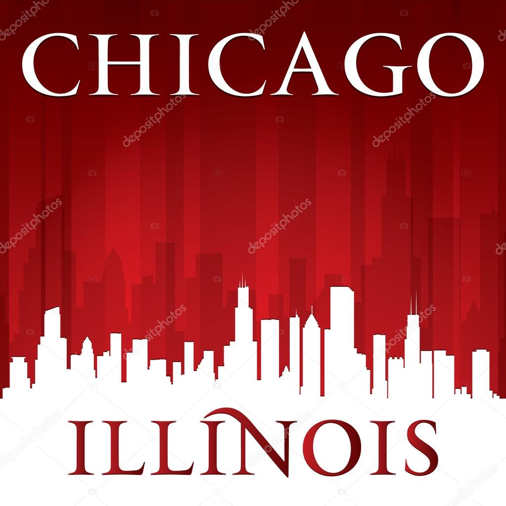 Chicago Illinois city skyline silhouette red background 