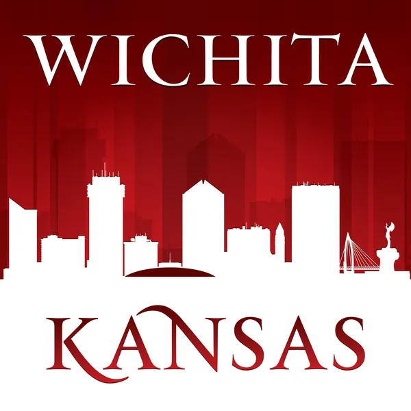 Wichita Kansas ciudad silueta fondo rojo — Vector de stock