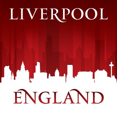 Liverpool İngiltere'de şehir manzarası silueti kırmızı arka plan 