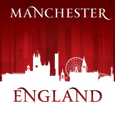 Manchester İngiltere'de şehir manzarası silueti kırmızı arka plan 
