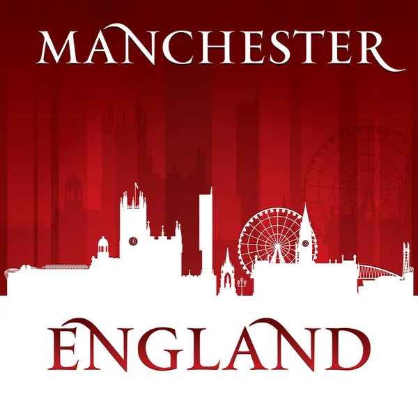 Manchester Inglaterra ciudad skyline silueta rojo fondo — Vector de stock