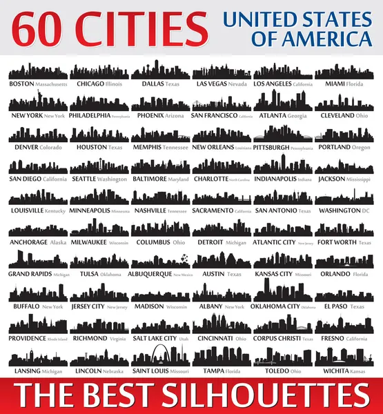 Incredible city skyline silhouettes set. United States of Ameri — Stock Vector