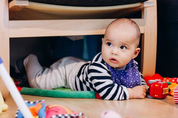 Cute Little Baby Boy Laying Floor Watching Aside — Stock Photo, Image