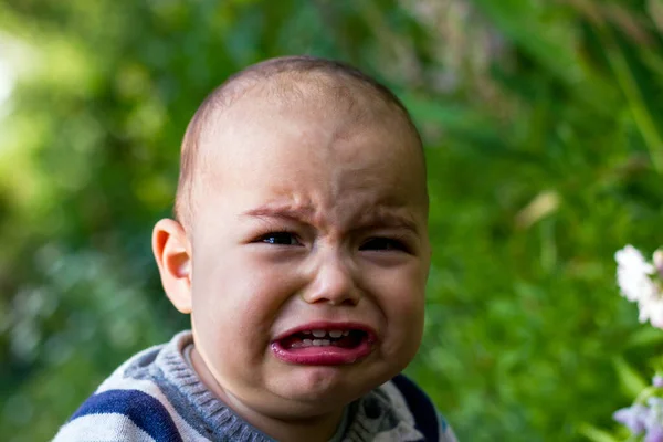 可愛い赤ちゃんが屋外に 緑の庭で不幸な赤ん坊を泣かせる — ストック写真