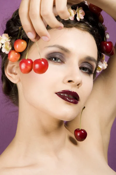 Beauty portrait woman with cherries in hair — Stock Photo, Image