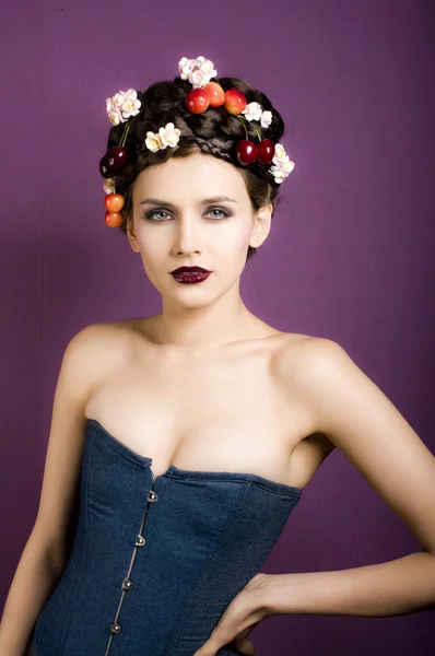 Beauty portrait woman with cherries in hair — Stock Photo, Image