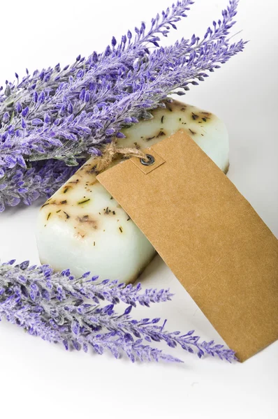 Handmade soap and lavender flowers — Stock Photo, Image