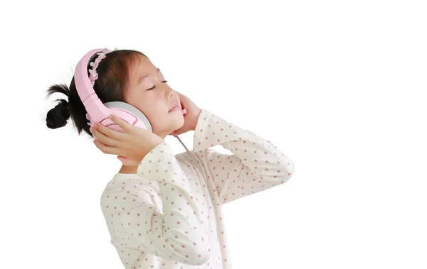 Νεαρό Κορίτσι Από Την Ασία Απολαμβάνοντας Ακουστικά Ακούγοντας Μουσική Απομονωμένη — Φωτογραφία Αρχείου