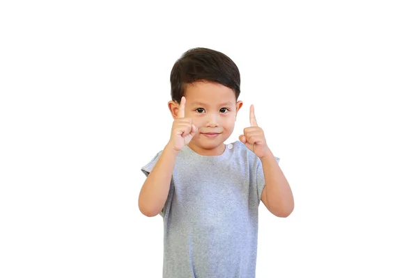 Porträt Eines Kleinen Asiatischen Jungen Zeigen Zwei Zeigefinger Nach Oben — Stockfoto
