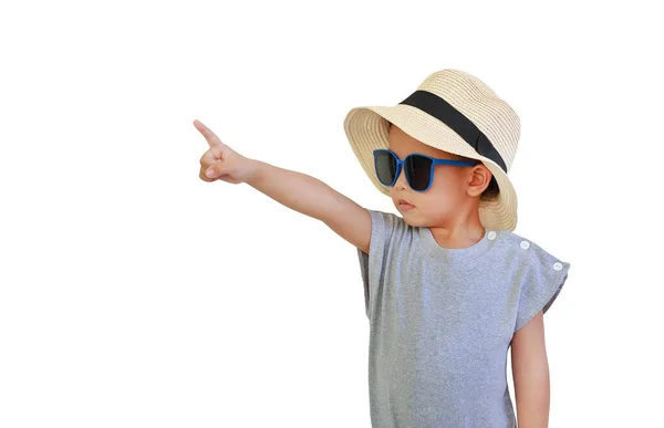 Little Asian Boy Pointing Isolated White Background Child Summer Dress — Stock Photo, Image