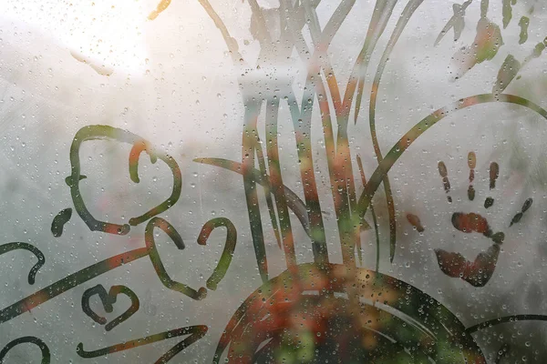 Abstract Image Kid Drawing Wet Window Glass While Raining — Stock Photo, Image