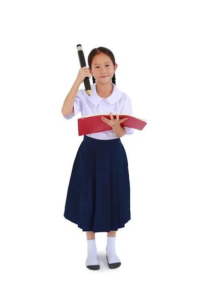 Malé Asijské Školačka Thajské Školní Uniformě Stojí Držet Knihu Velkou — Stock fotografie