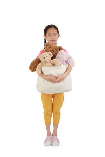 Bonito Menina Asiática Criança Abraçando Brinquedos Saco Para Doação Kid — Fotografia de Stock