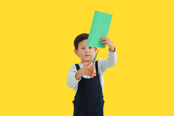 Asian Little Boy Enjoys Craft Work Scissors Cut Color Paper — Stock Photo, Image