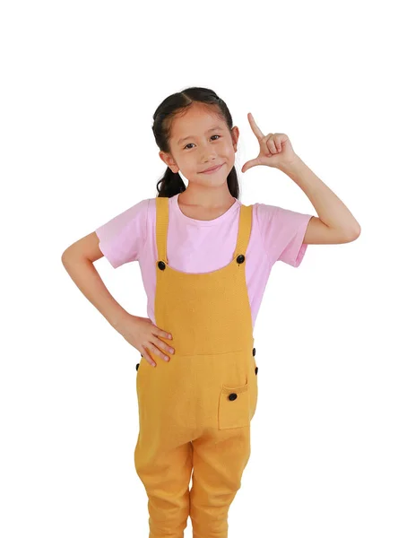 Azji Dziewczynka Dzieciak Wskazując Palec Górę Patrząc Aparat Odizolowany Białym — Zdjęcie stockowe