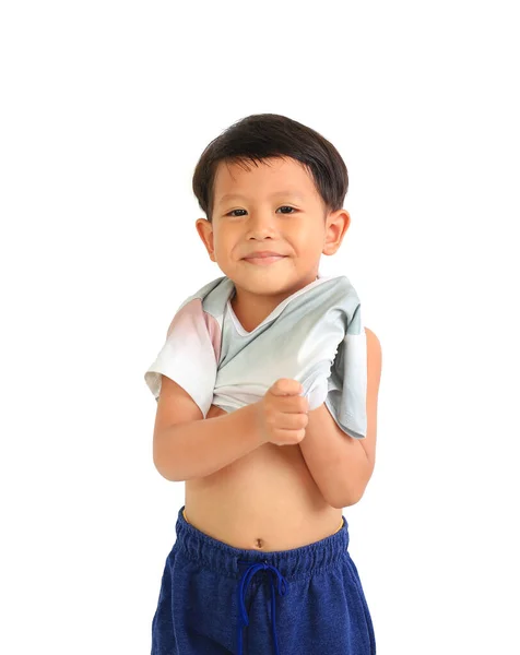 Asiático Menino Vestindo Uma Camisa Sozinho Fundo Branco — Fotografia de Stock