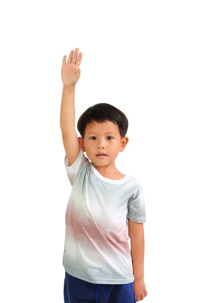 Portrét Asijského Chlapečka Zvedne Ruku Aby Odpověděl Otázky Bílém Pozadí — Stock fotografie