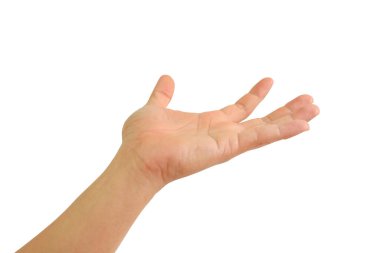 Avuç içini kaldır ya da beyaz arka planda izole edilmiş bir jest al. Tutmak mı teklif etmek mi? Clipping yolu ile resim