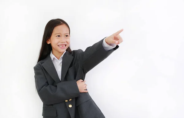 Asiatisk Liten Flicka Unge Bära Kostym Och Peka Upp Isolerad — Stockfoto