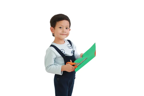 Портрет Азіатського Маленького Хлопчика Роботи Ножиці Вирізають Кольоровий Папір Білому — стокове фото
