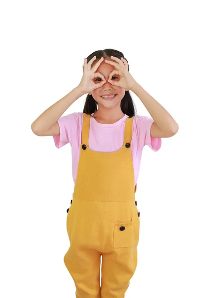 Smiling Asian Young Girl Child Looking Imaginary Binocular Isolated White — Stock Photo, Image