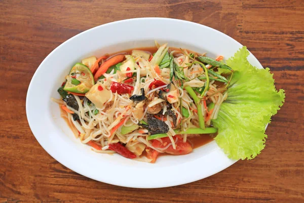 Papaya Salat Som Tam Die Traditionellen Thailändischen Speisen Auf Holztischhintergrund — Stockfoto