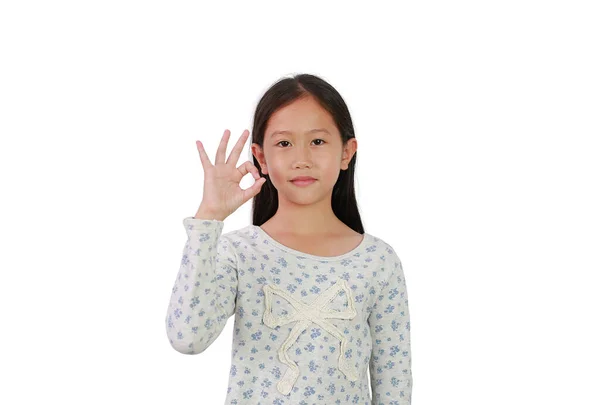 Азиатская Девочка Показывает Палец Символ Языка Жестов Изолированы Белом Фоне — стоковое фото