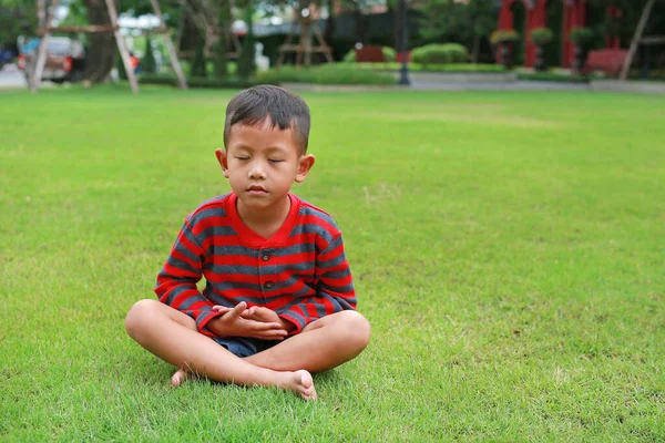 Asiatiska Lilla Pojke Barn Öva Mindfulness Meditation Sitter Gräsmattan Trädgården — Stockfoto