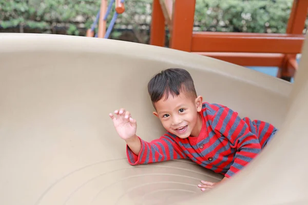 Happy Asian Little Boy Having Fun While Playing Slider Playground — Stock Photo, Image