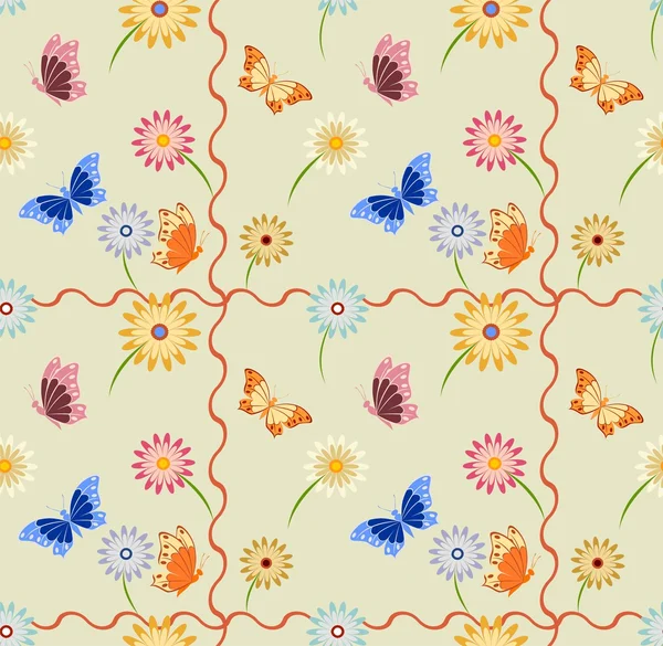 Fond sans couture avec des papillons et des fleurs — Image vectorielle