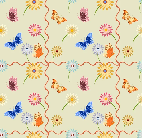 Fondo sin costuras con mariposas y flores — Vector de stock