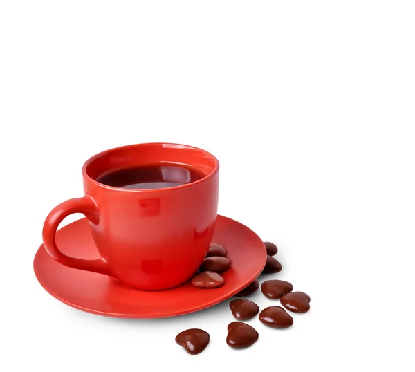 Caneca com café e chocolate em forma de coração — Fotografia de Stock