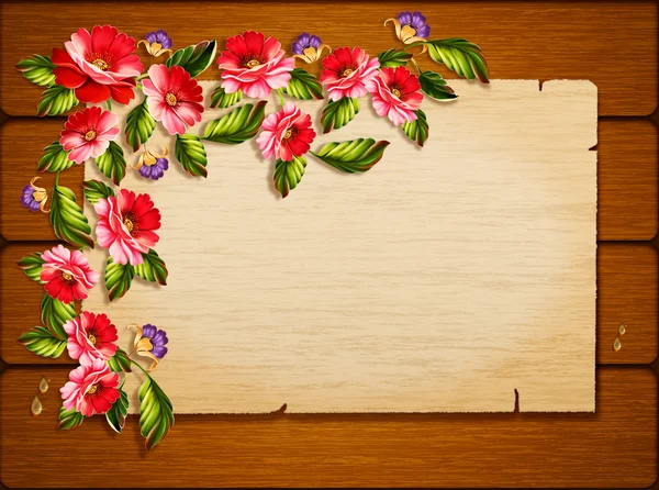 框架的一个木制的背景上的花朵 — 图库照片