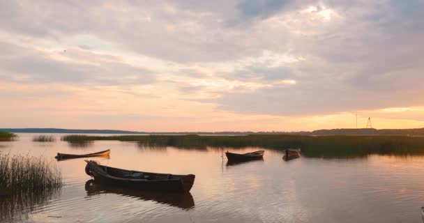 Braslaw Or Braslau, Vitebsk Voblast, Bielorrússia. Barcos de pesca de remo de madeira em belo pôr do sol de verão no lago Dryvyaty. Este é o maior lago de Braslav Lakes. Natureza típica da Bielorrússia — Vídeo de Stock